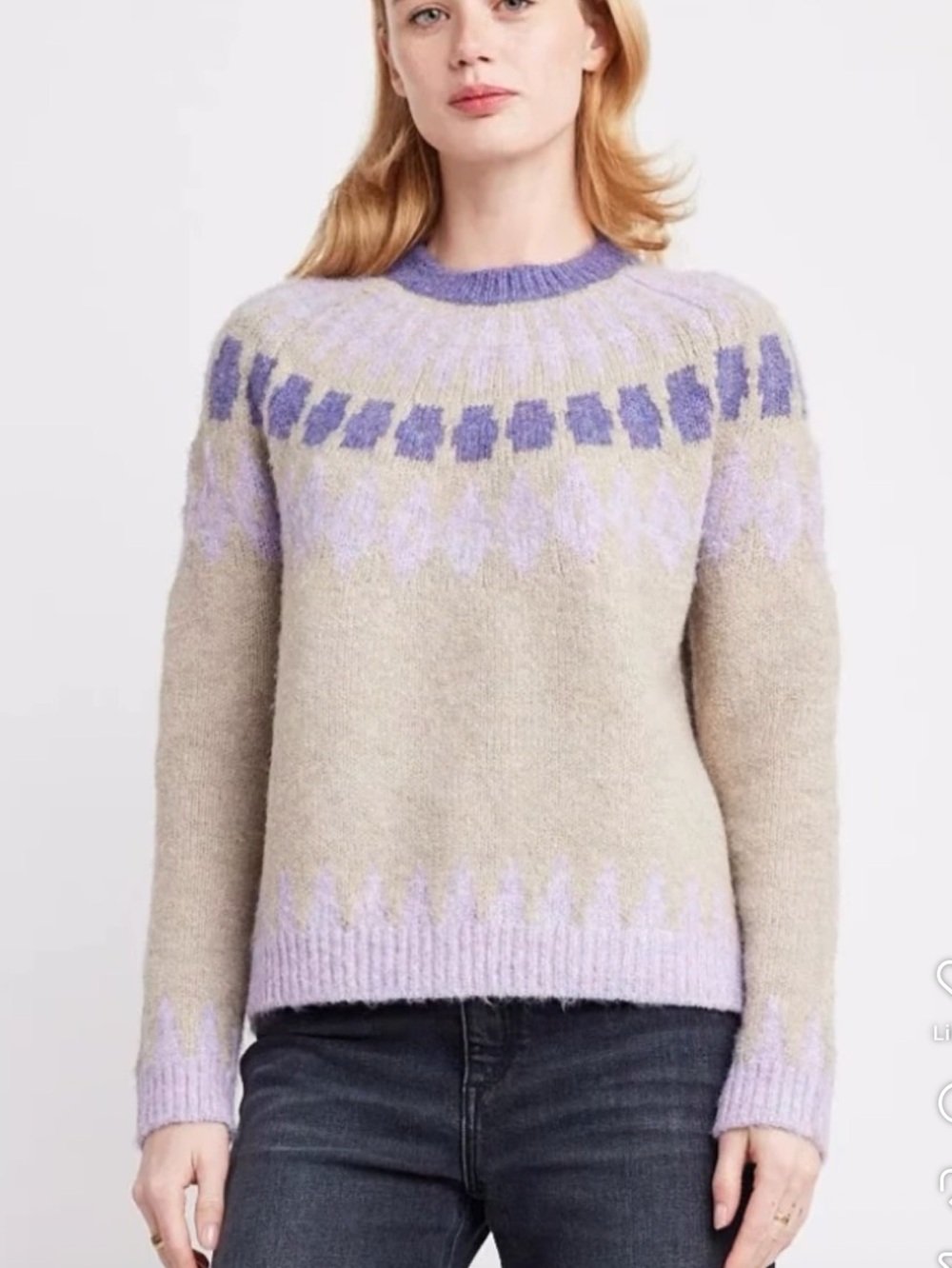 Women’s Tan Purple Size S Soft Fair Isle Pullover High Neck Knit Sweater